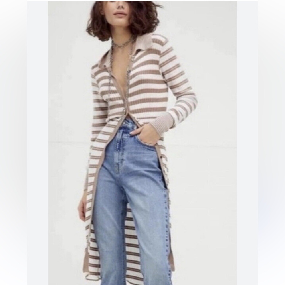 Free People Long Cardigan Midi dress tan brown Khaki stripe size XS